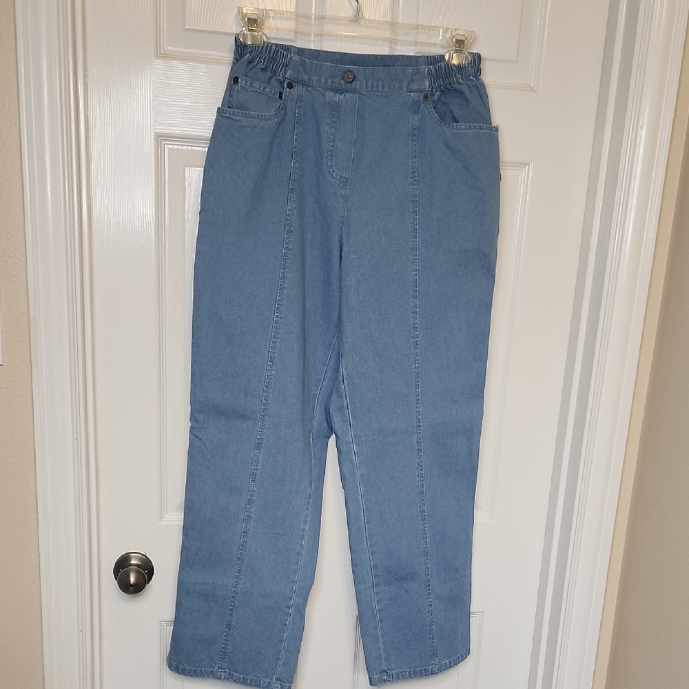 Cathy Daniels Woven Chambray Denim Blue Pull On Wide Leg Jeans Size Medium